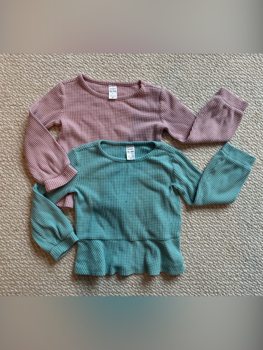 Girls 4T Carter’s - Long-Sleeve Waffle Knit Tops - Teal and Mauve